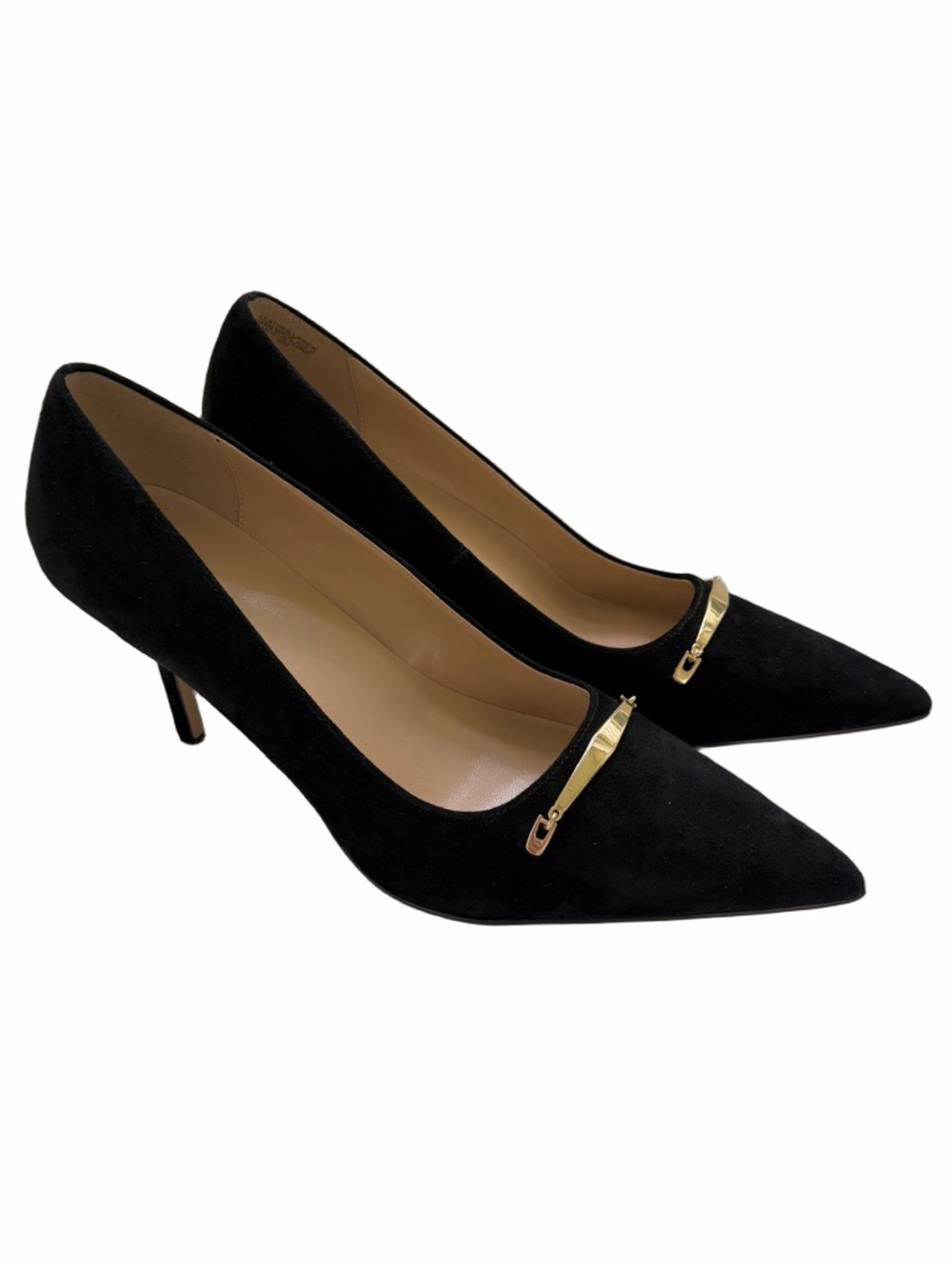 Ann Taylor Black Suede Leather Pointed Toe Pumps Heels Gold Bar Size 10 NEW